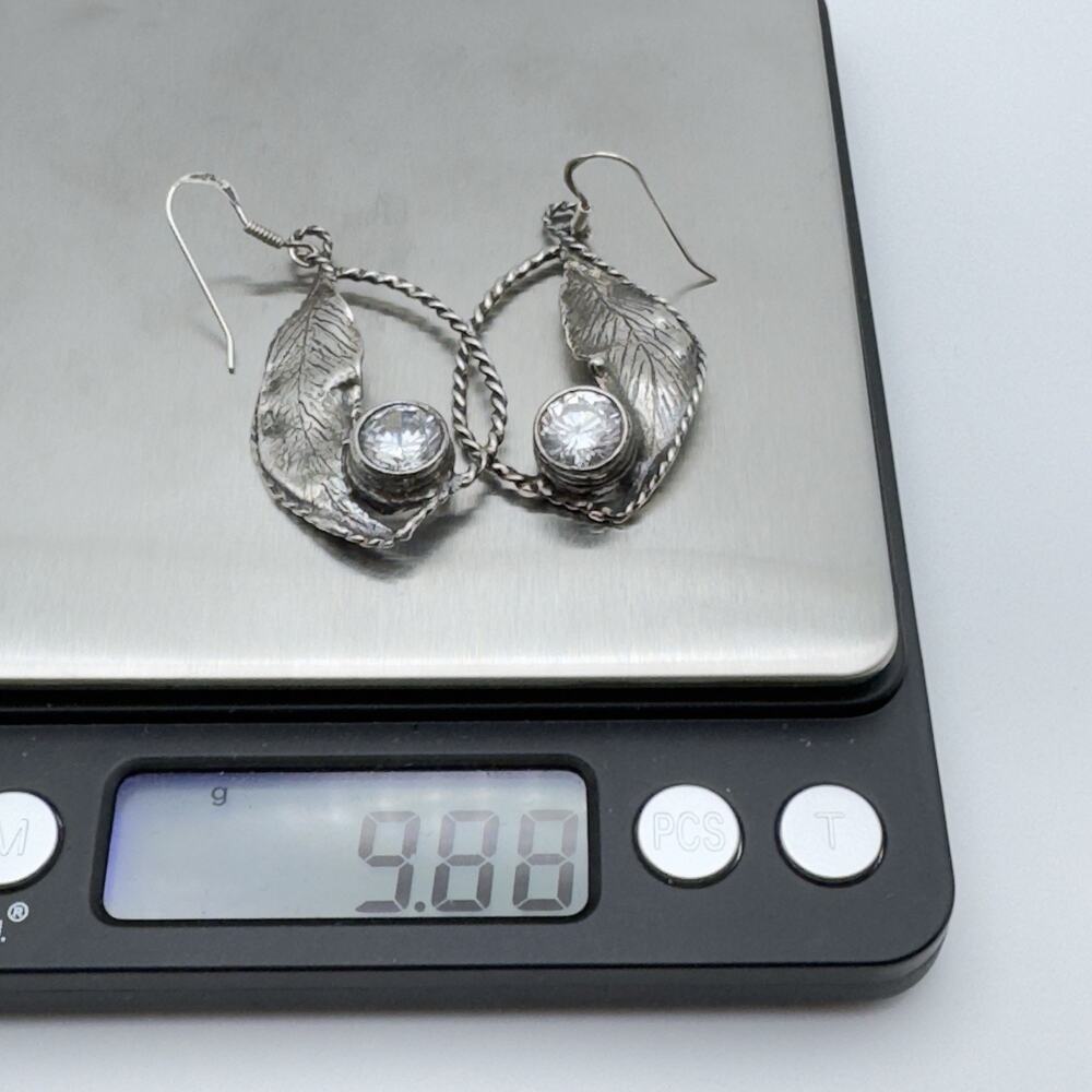 Artisan Sterling Silver CZ Earrings Leaf Modernist Artistic 2" - Picture 7 of 7